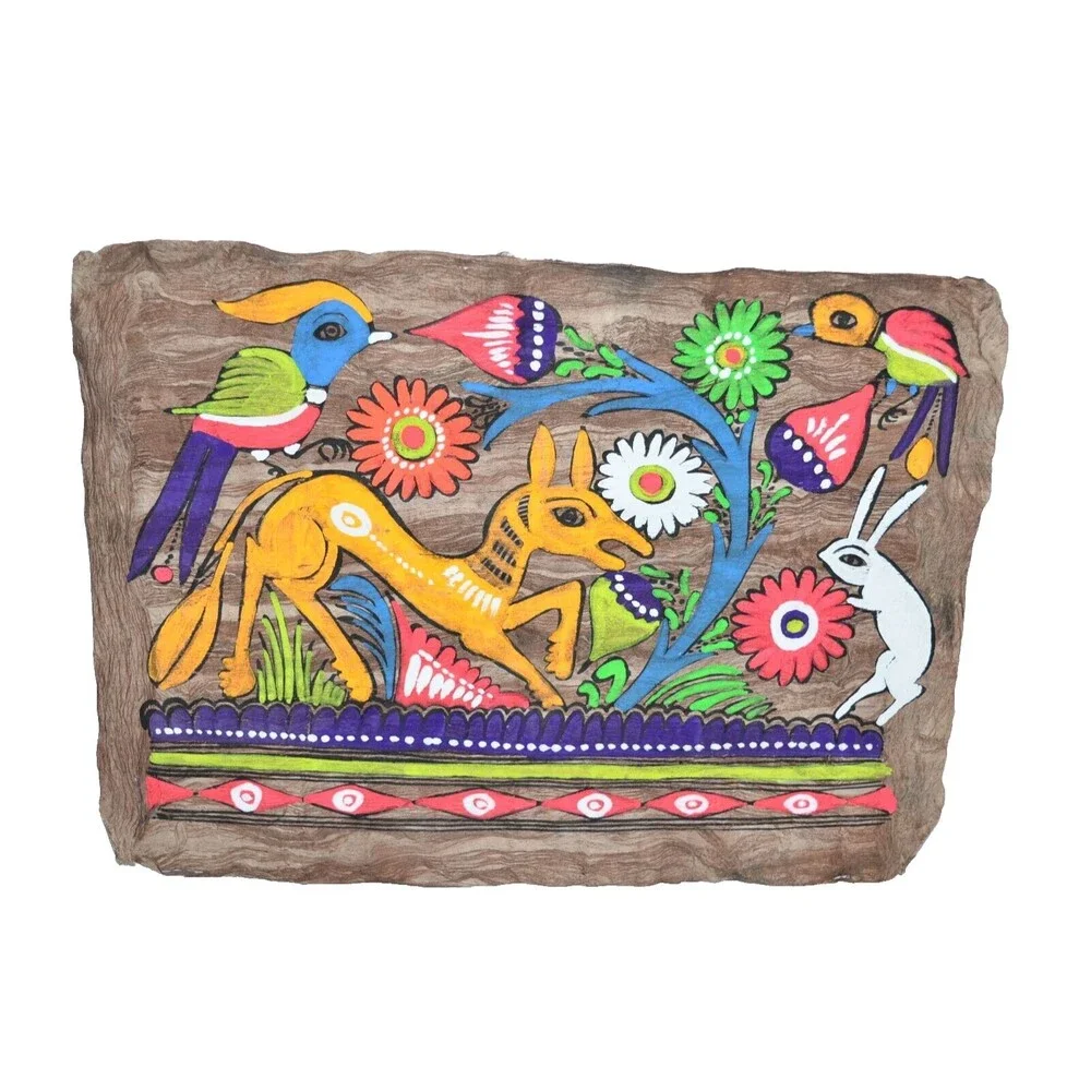 Vtg Mexican Folk Art Amate‎ Bark Painting Bright Colors Flowers Fox Rabbit bunny